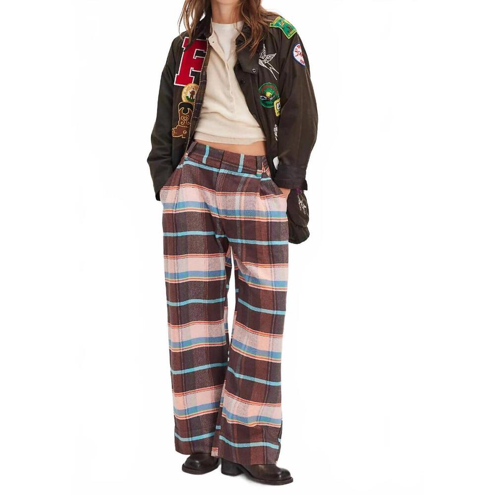 Free People Plaid Wide-Leg Trousers in Brown, Pink & Blue
